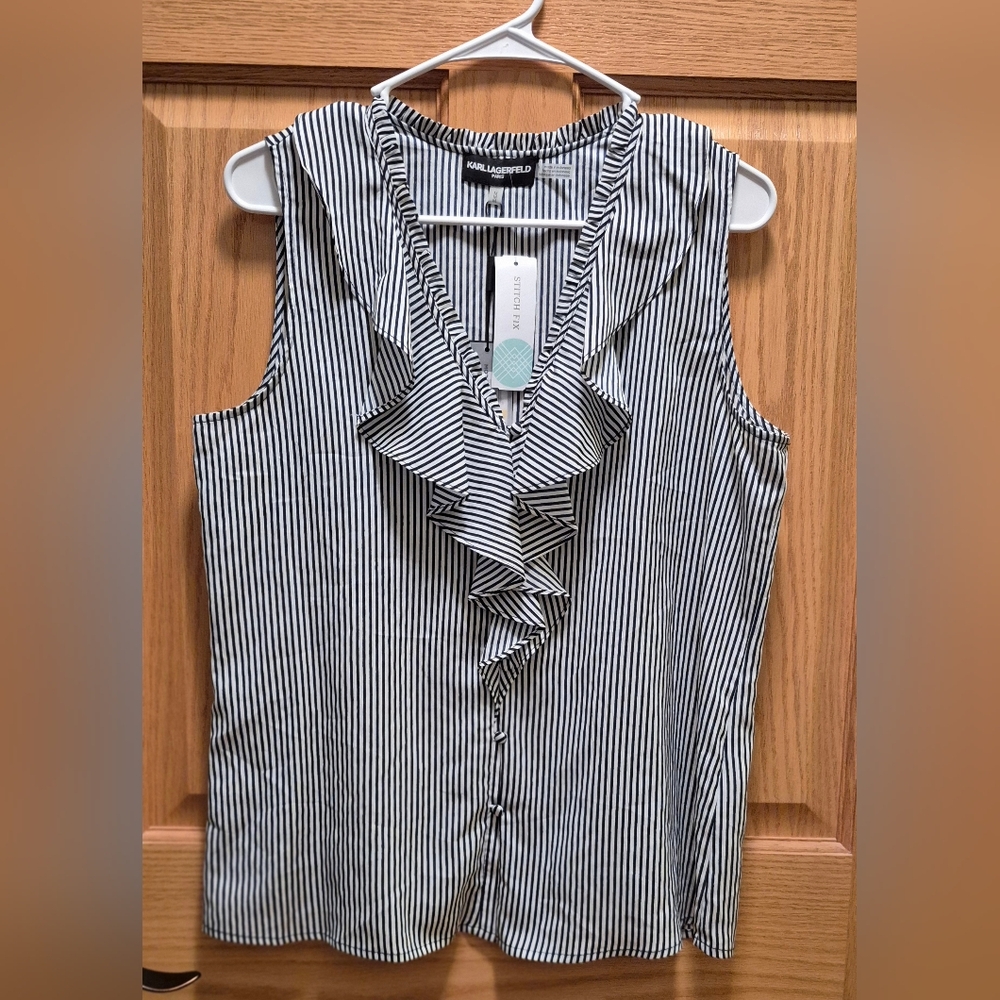 NEW Karl Lagerfeld Women's M Navy & White Striped Ruffle Sleeveless Blouse